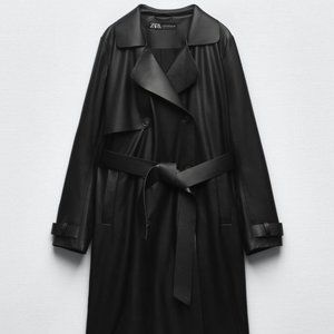 Zara black FAUX LEATHER BELTED TRENCH